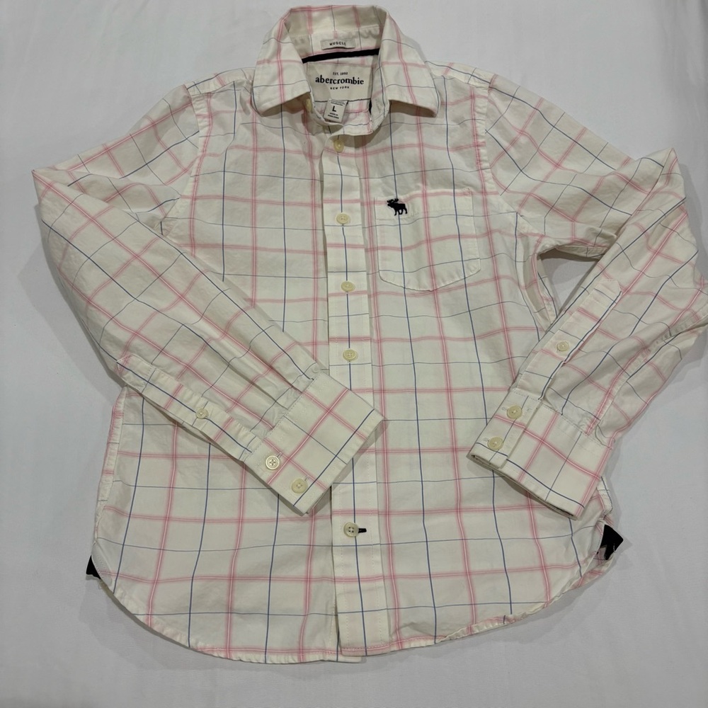 Abercrombie & Fitch Cream Button-Up Shirt with Pink & Blue Windowpane